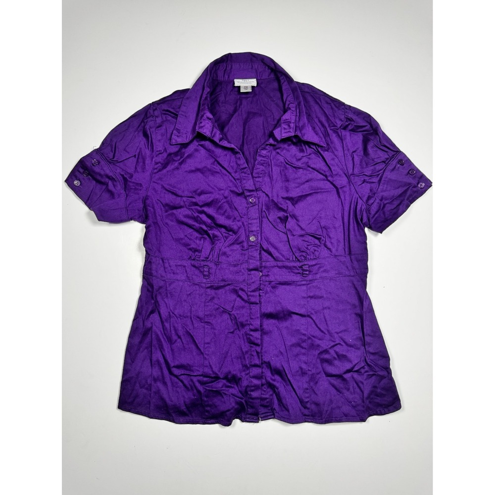Worthington Blouse Top Womens Petite Small Purple Stretch Puff Sleeve Button Up